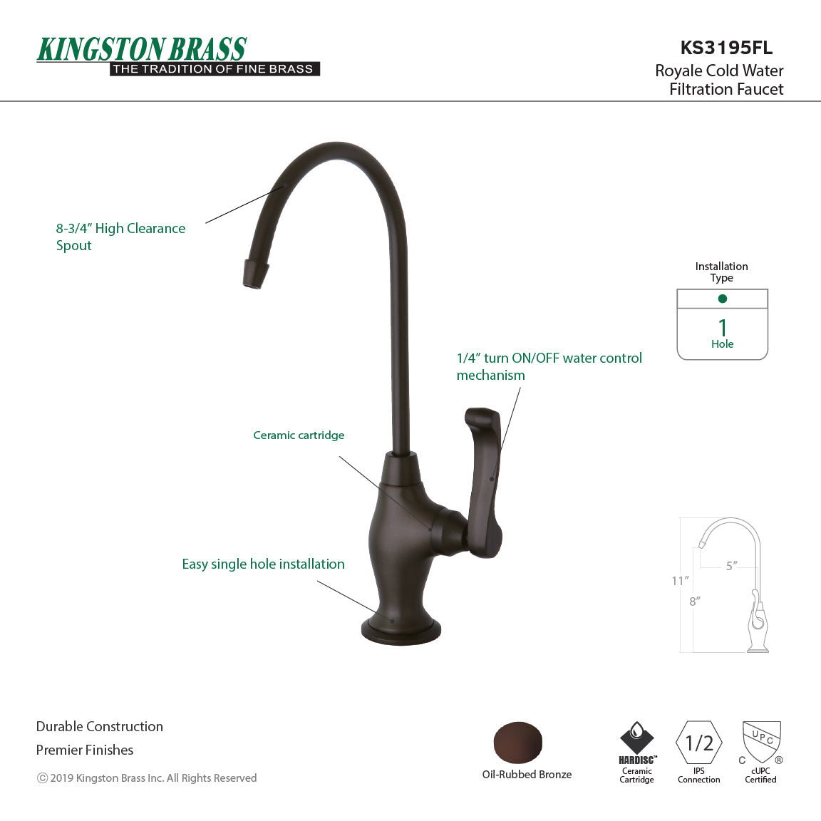 Kingston Tulare KS3195FL - Royale Single-Handle 1-Hole Deck Mount Water Filtration Faucet, Oil Rubbed Bronze — thumbnail 2